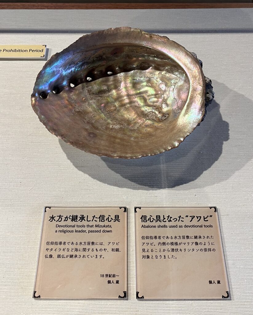 﨑津資料館みなと屋に展示されている信心具となった「アワビの貝殻」