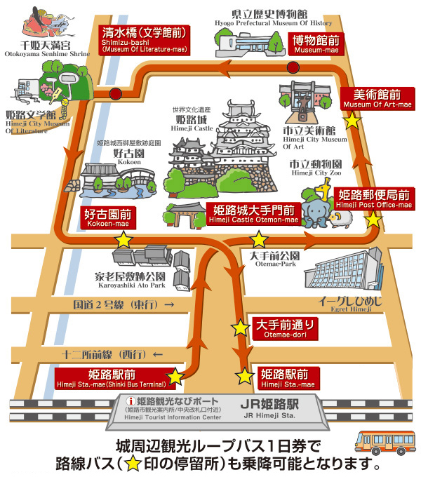 運行ルート地図
（出典：神姫バスのウェブサイト　https://www.shinkibus.co.jp/bus/himejiloop/index.html）