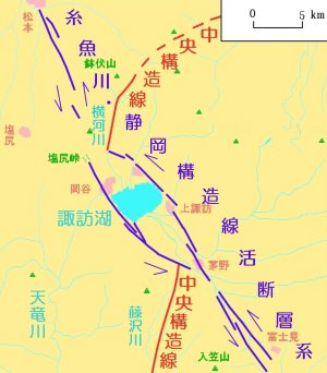 中央構造線と糸魚川－静岡構造線の諏訪湖付近での交差状況