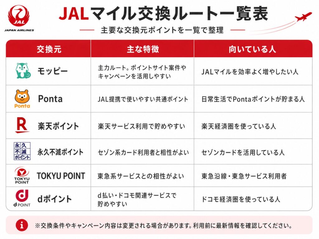 JALマイル交換ルート一覧表。モッピー、Pontaポイント、楽天ポイント、永久不滅ポイント、TOKYU POINT、dポイントの特徴と向いている人を比較した図表。