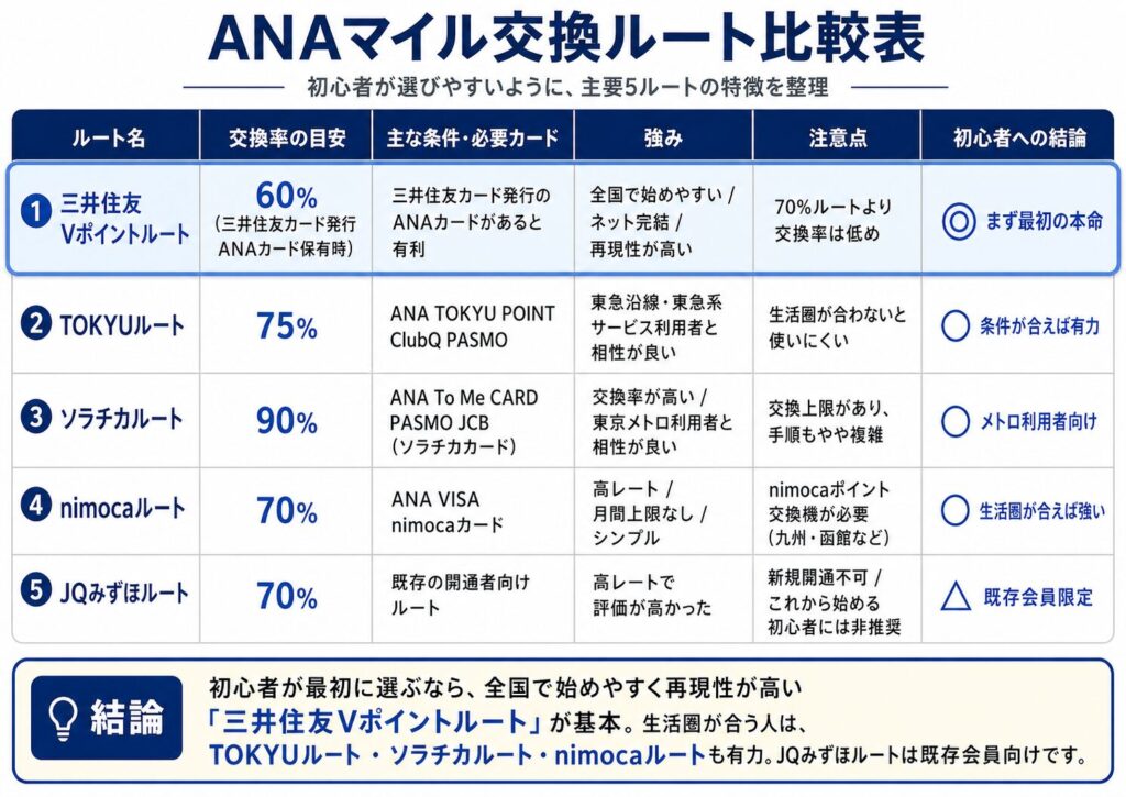 ANAマイル交換ルート比較表