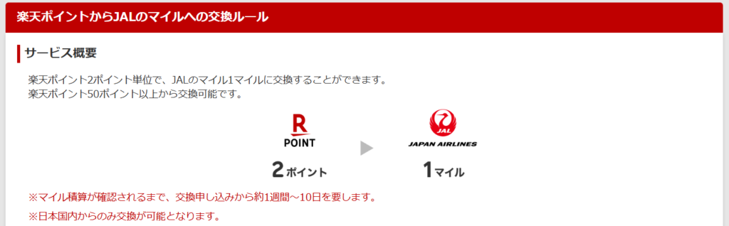 楽天ポイントからJALのマイルへの交換